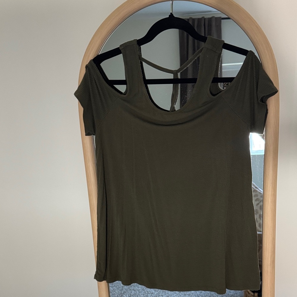 Abound Olive Green Cold-Shoulder Ribbed Short Sleeve Top